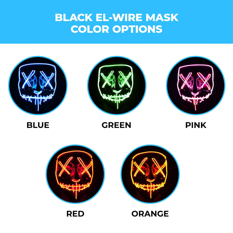 EL-Wire Purge (Hype) Party Mask - Black Finish Light-Up Mask - 5 Light Up Color Options