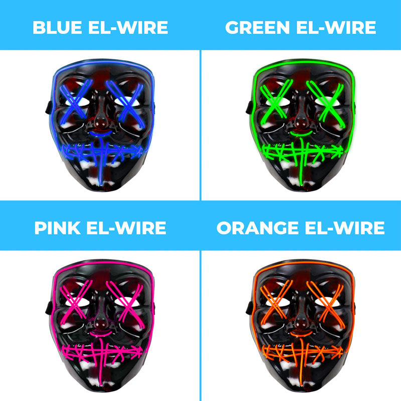 EL-Wire Purge (Hype) Party Mask - Black Finish Light-Up Mask - 5 Light Up Color Options