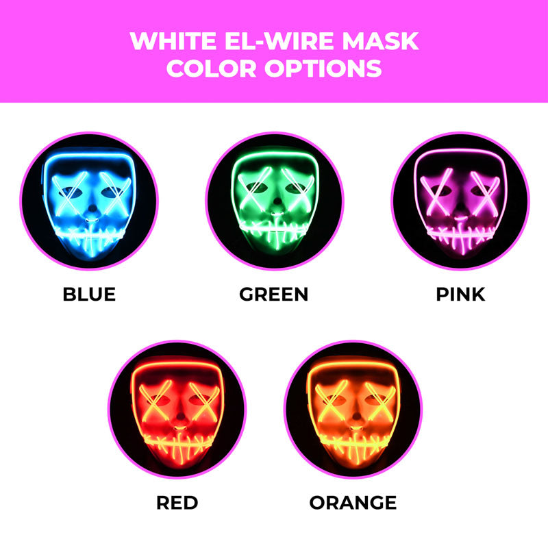 EL-Wire Purge (Hype) Party Mask - White Finish Light-Up Mask - 5 Light Up Color Options