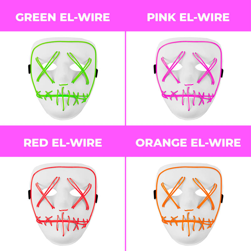 EL-Wire Purge (Hype) Party Mask - White Finish Light-Up Mask - 5 Light Up Color Options